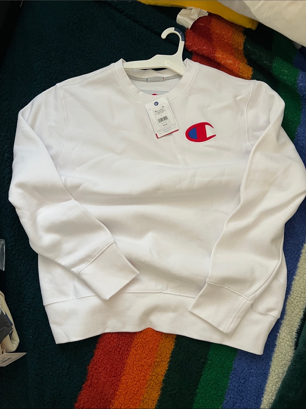 Champion White Crewneck with Red & Blue C Logo